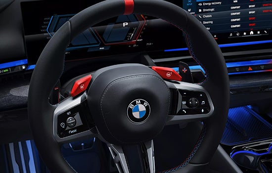 Close-up view of BMW M5 Touring steering wheel. | BMW of Palm Springs in Palm Springs CA
