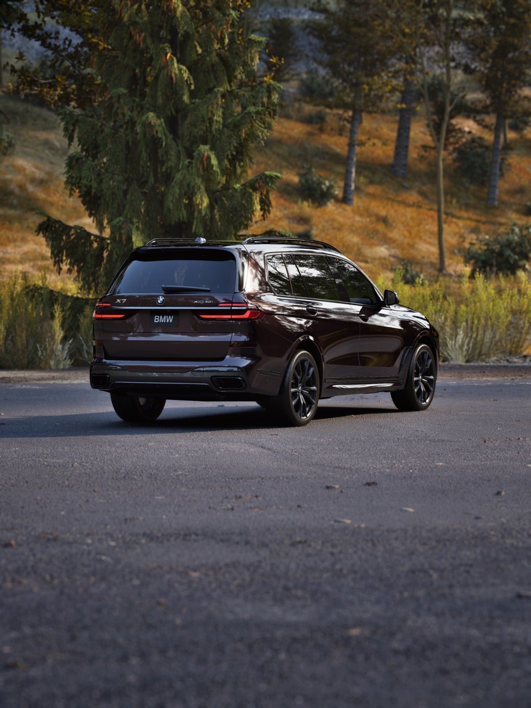 Rear three-quarter view of a BMW X7 on a road beside autumn woodland